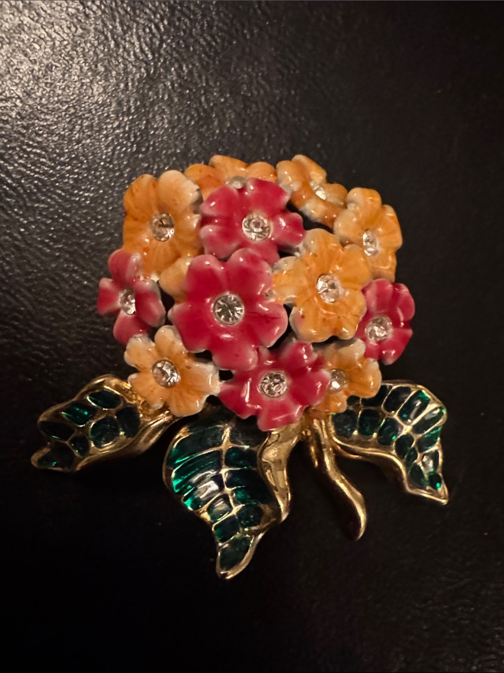 JOAN RIVERS Pink Bouquet Flower Pin Brooch 3D Rhinestones Enamel Signed
